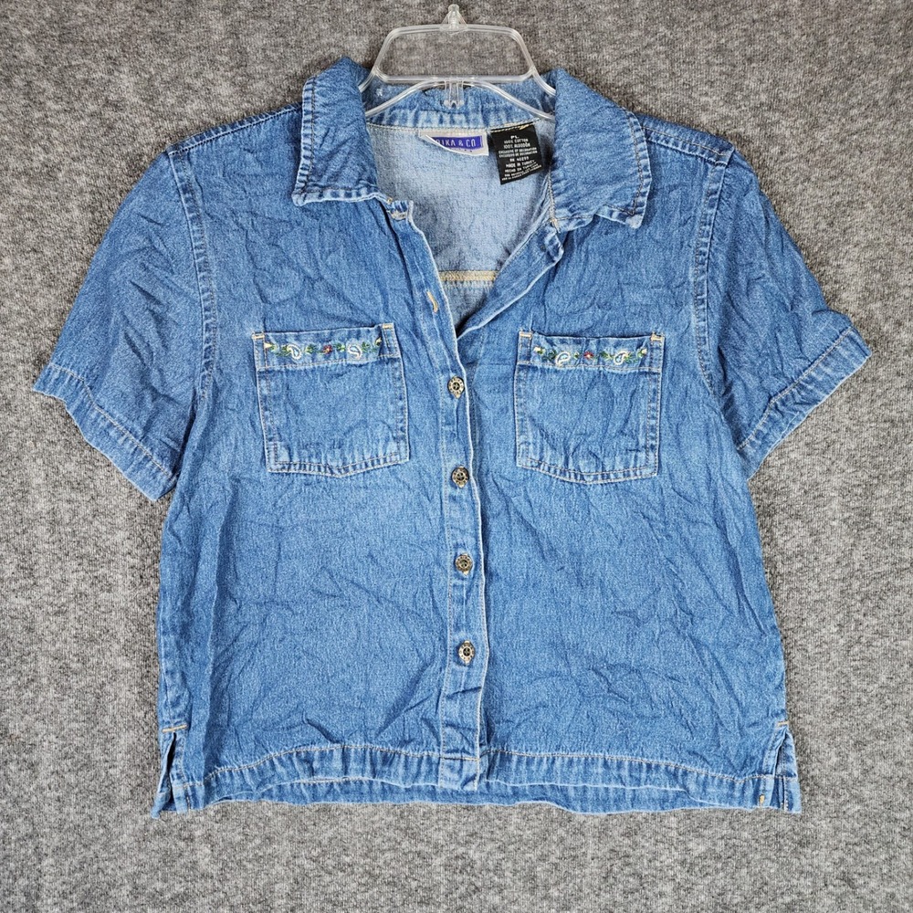 Erika & Co Shirt Womens PL Petites Blue Denim Floral Embroidered Button Down EUC